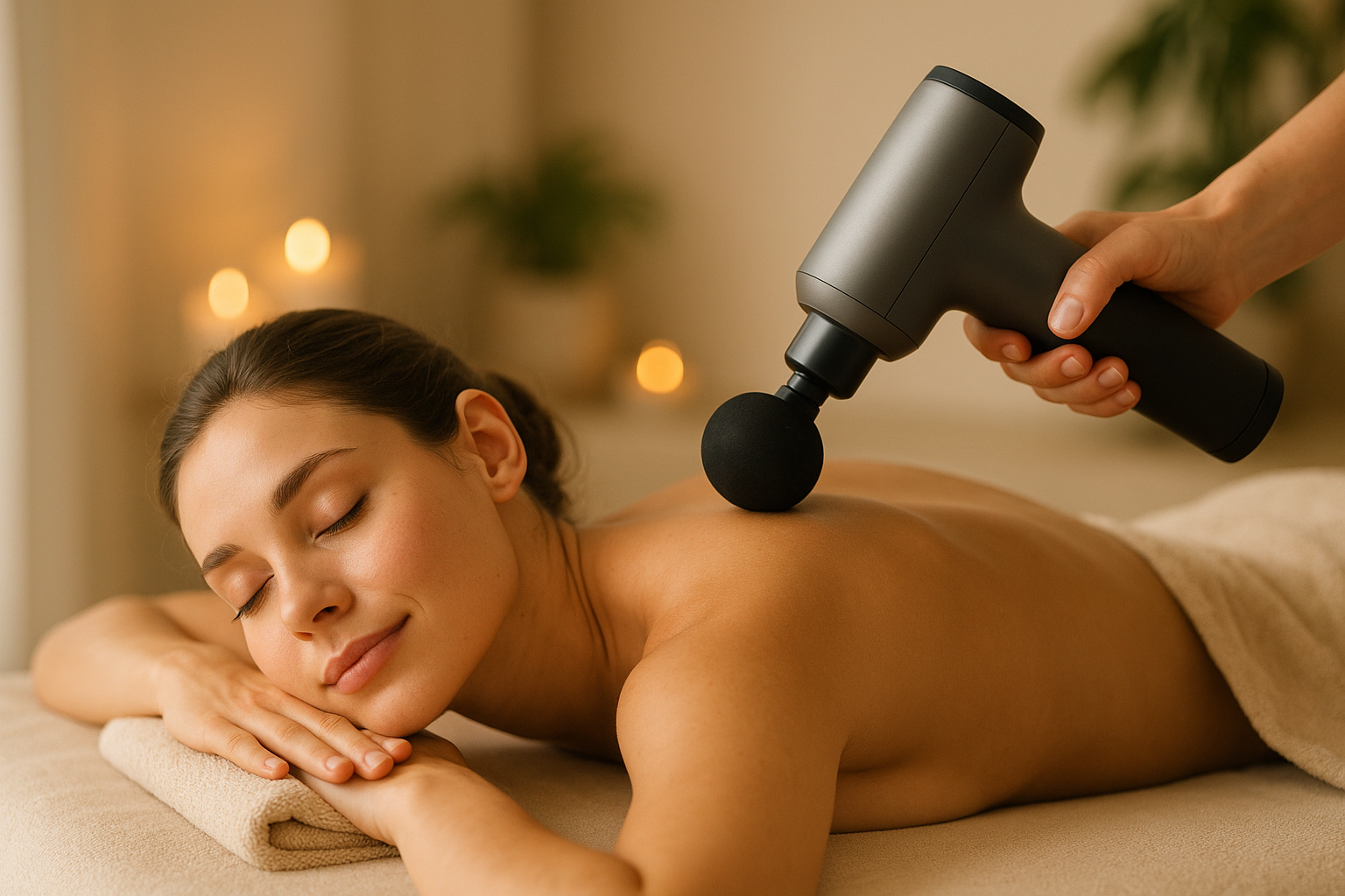 persona relanjadose atarvez de un masaje de un producto electrico